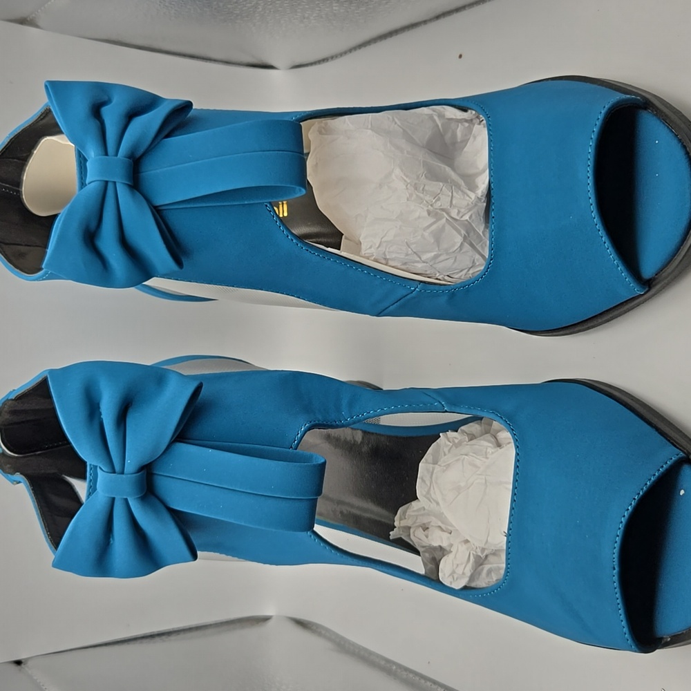 Jolimall Teal Blue Sandals Block Heels with Mesh Sides Zip Back Bow size 11